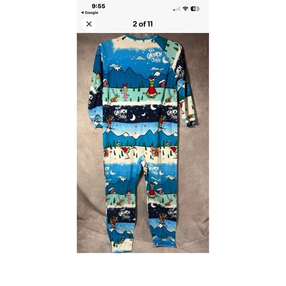 Justice The Grinch Girls XL 14/16 Fleece Union Suit One Piece Pajamas‎ Blue
